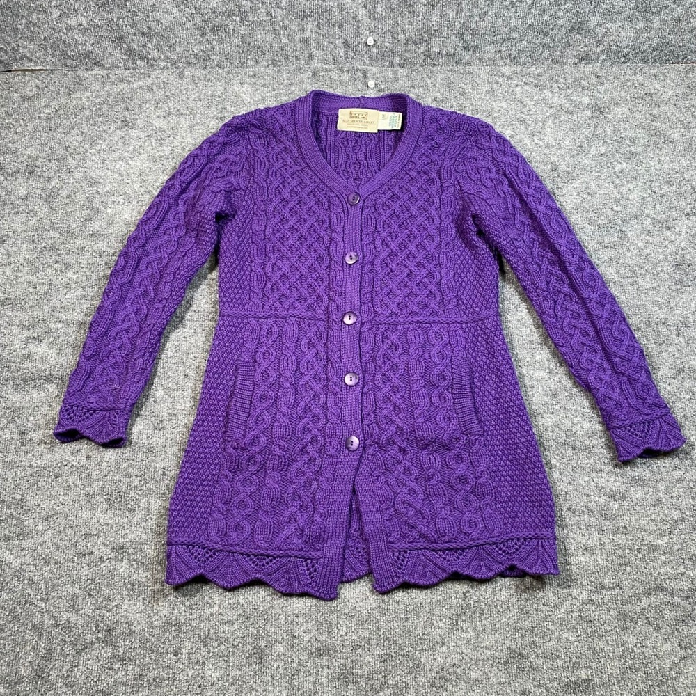 Aran Sweater Market Purple Merino Wool Cable Knit Scalloped Cardigan Size M